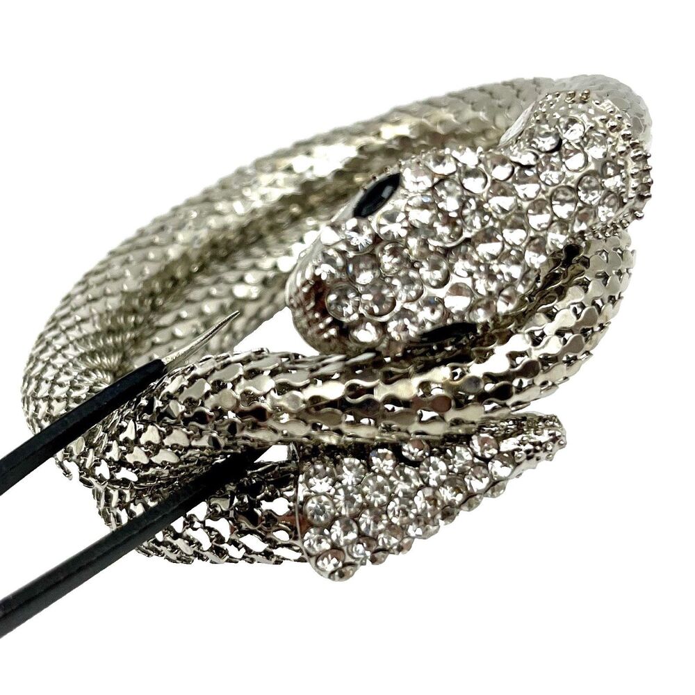 Silver Tone Snake Wrap Flex Bracelet Black Rhinestone Eyes Snakes Reptiles